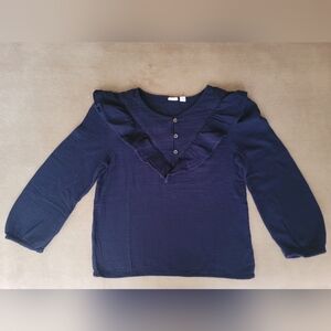 Gap Girl Navy Blue Long Sleeve V-Ruffle Top Size XL (12-13) 150cm NWOT